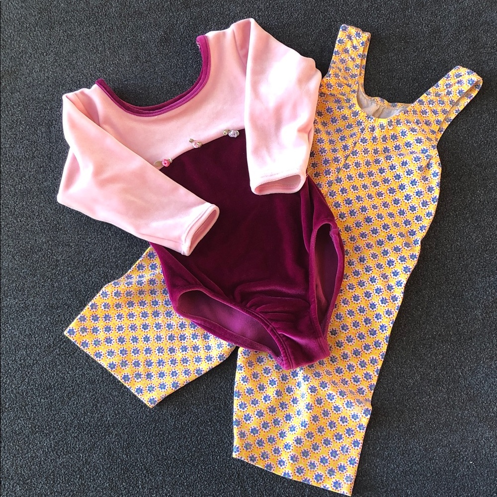 Jacques Moret Girls Velvet Pink Leotard Size 4/5, Free Yellow Gymnastics Leotard